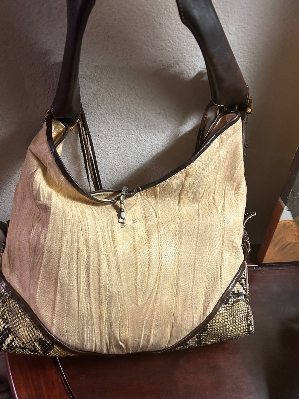 Soft Cream and Brown Shoulder Bag with Tassel Accent - Picture 5 of 9